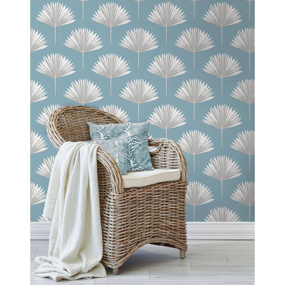 Blue Patina Tropical Fan Palm Vinyl Peel and Stick Wallpaper Roll