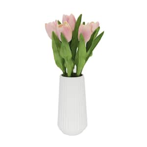 16 in. Artificial Real-touch Tulips in White Ceramic Vase