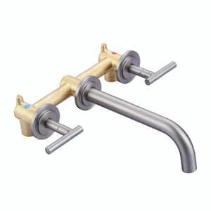 Double Handle Wall Mounted Bathroom Faucet with Rough-in Valve Included in Solid Brass Brushed Nickel