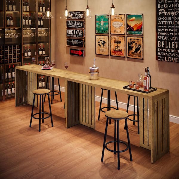 BYBLIGHT 35.43 in. H Oak Long Counter H8 Pub Table, Industrial Bar