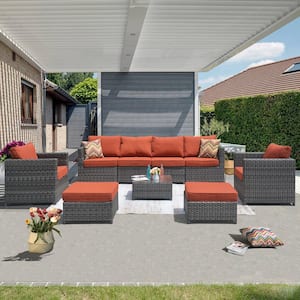 Harper Gray 9-Piece Wicker Outdoor Sectional Set with Orange Red Cushions