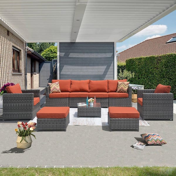 XIZZI Harper Gray 9-Piece Wicker Outdoor Sectional Set with Orange Red Cushions