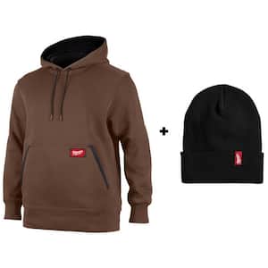 Men's 2X Large Brown Midweight Cotton/Polyester Long Sleeve Pullover Hoodie with Men's Black Acrylic Cuffed Beanie Hat