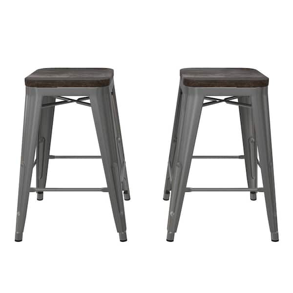 DHP Penelope 24 in. Silver Metal Counter Stool with Wood Seat, Set of 2
