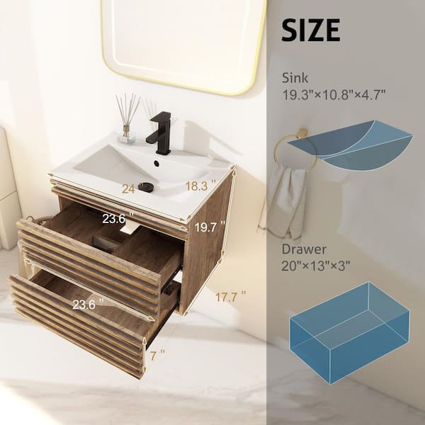24 in. W x 18.3 in. D x 19.7 in. H Floating 1-Sink Bath Vanity in Oak with White Ceramic Top and Drain Faucet Set