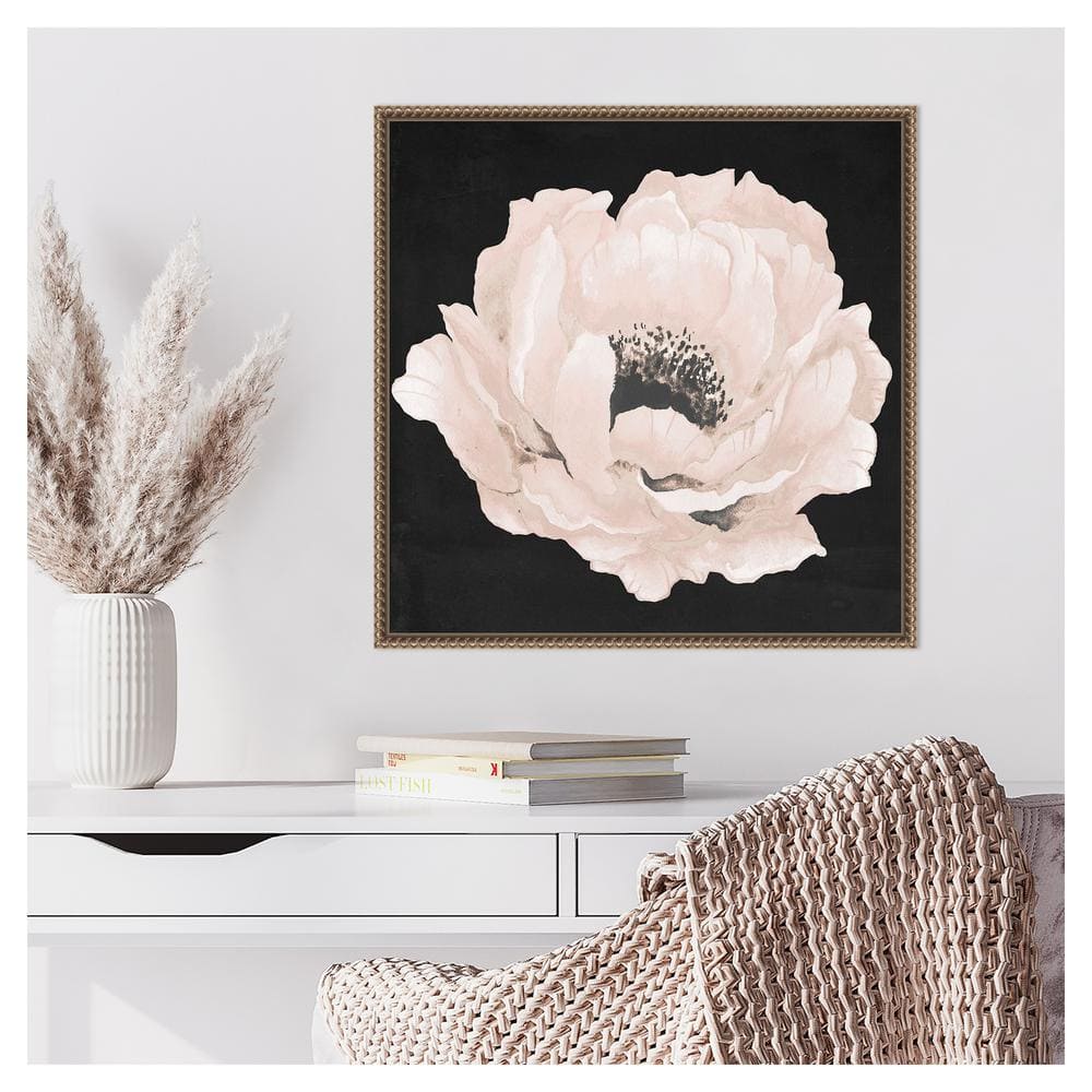 Pink Flower on Black Canvas with Beaded Frame 22 x 22-in.