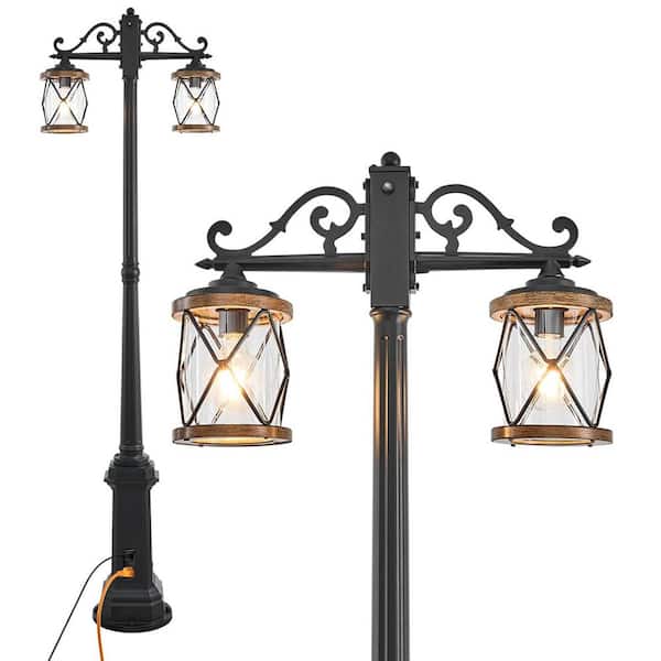 Dusk to Dawn Double-Head Farmhouse Outdoor Lamp Post, GFCI Outlet, Waterproof Aluminum, Black Pole for Garden, Driveway