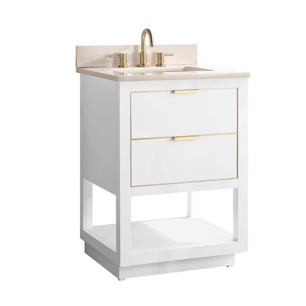 Allie 25 in. Single Sink White with Gold Trim Bath Vanity with Crema Marfil Marble Top