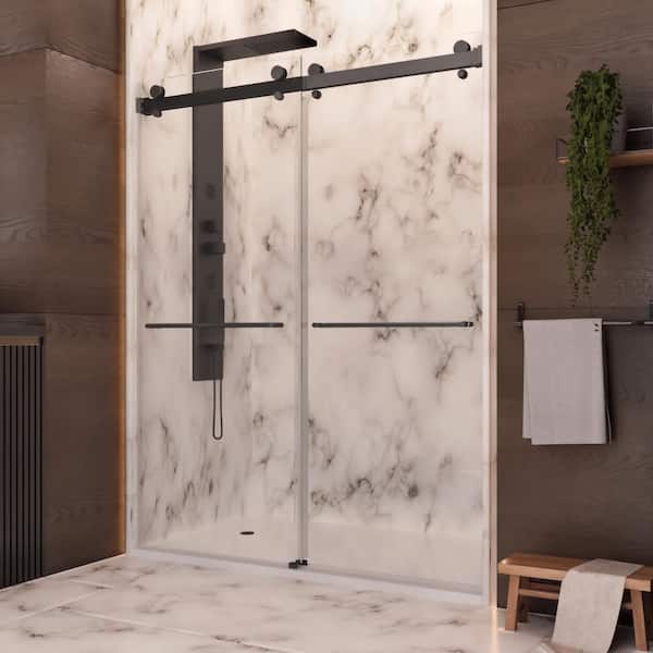 Holcam Luna 56 in. W x 76 in. H Sliding Frameless Shower Door in Matte Black Finish with Clear Glass