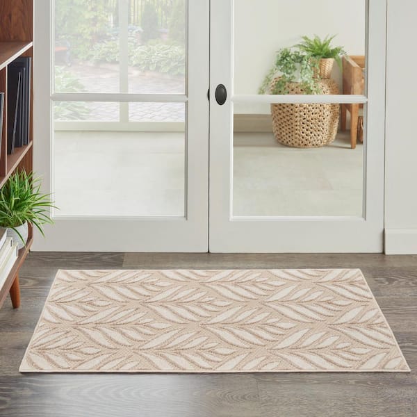 Aloha Ivory Grey doormat 3 ft. x 4 ft. Tropical Palm Leaf Botanical Contemporary Indoor/Outdoor Bathroom Area Rug