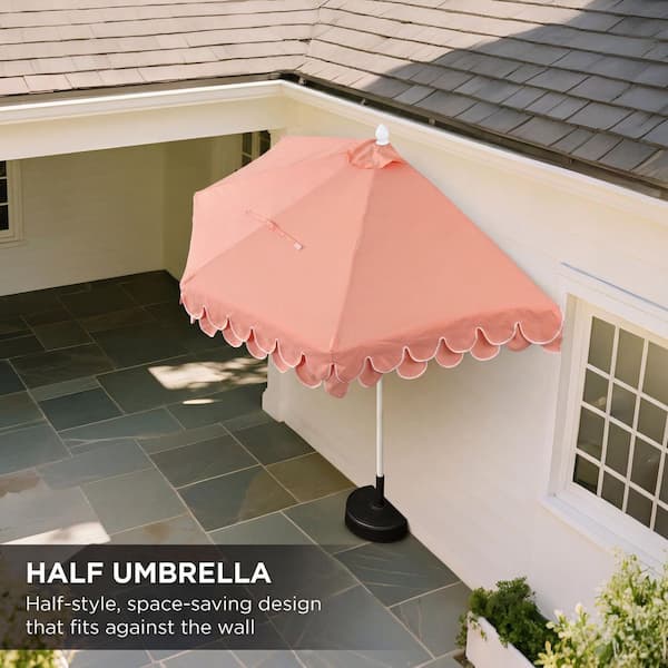arc patio umbrellas Terrace Arc 9 ft Scalloped Fringe Market Patio Half Umbrella with Crank, Tilt Button and UV Protection Coral Pink/White Pole