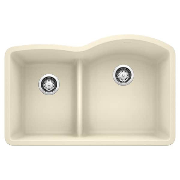 Blanco DIAMOND Undermount Granite Composite 32 in. 40/60 Double Bowl Kitchen Sink with Low Divide in Biscuit