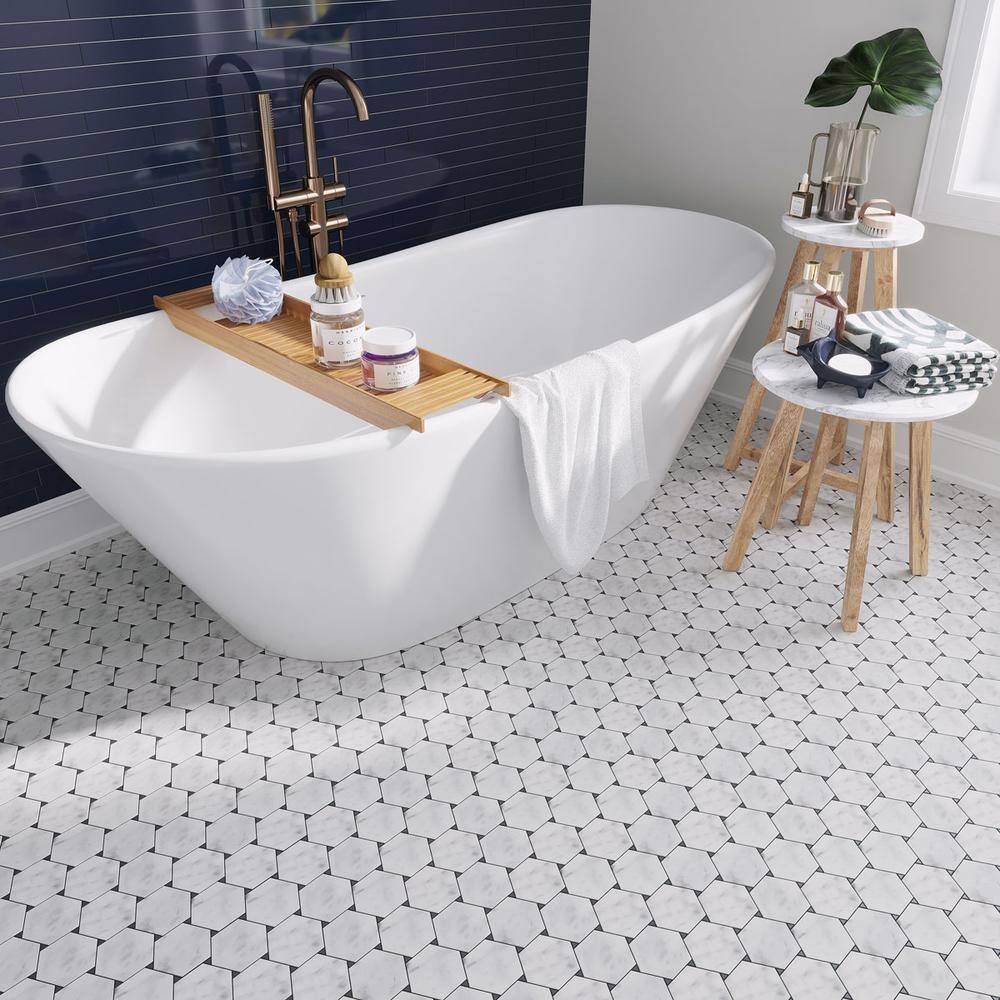 Athens White and Gray Polished Marble Hexagon Mosaic Tile