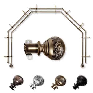 13/16" Dia Adjustable 5-Sided Double Bay Window Curtain Rod 28 to 48" (each side) with Douglas Finials in Antique Brass