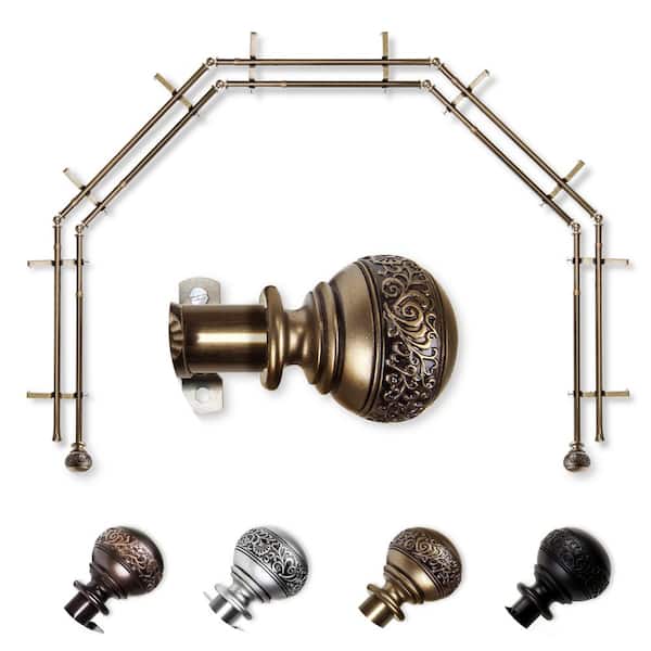 EMOH 13/16" Dia Adjustable 5-Sided Double Bay Window Curtain Rod 28 to 48" (each side) with Douglas Finials in Antique Brass