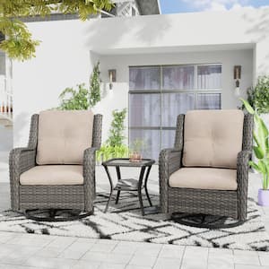 3-Piece Wicker Patio Conversation Set with Beige Cushions All-Weather Swivel Rocking Chairs