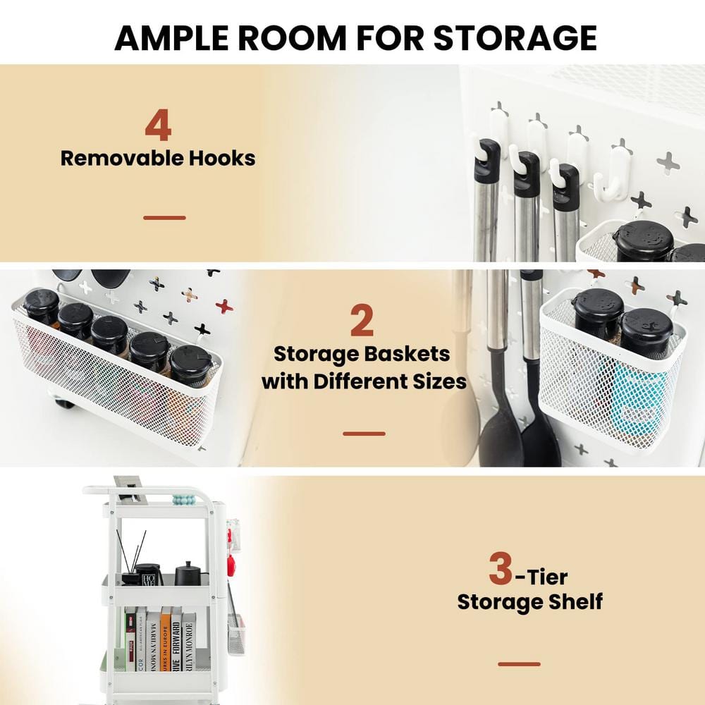 White Powder-Coated Carbon Steel 3-Tier Utility Storage Cart with Pegboard Baskets