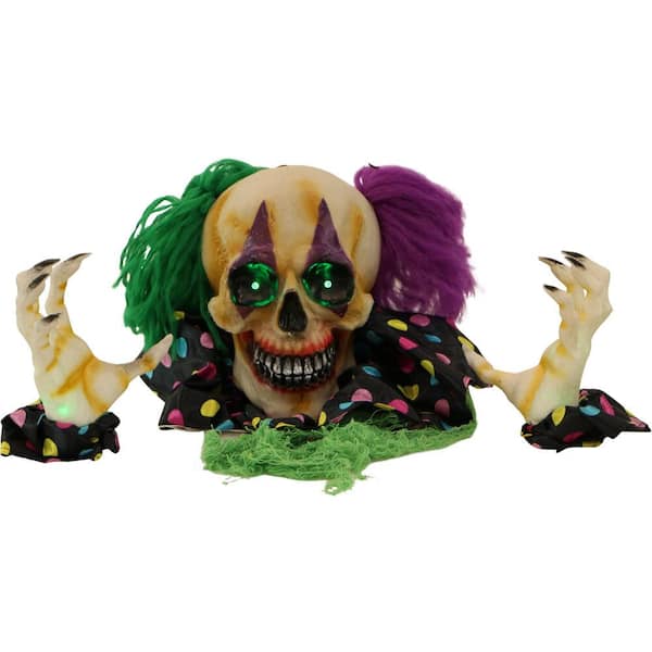 HAUNTED HILL FARM:Haunted Hill Farm 7.8 in. Battery Operated Groundbreaker Clown with Flashing Green Eyes Halloween Prop