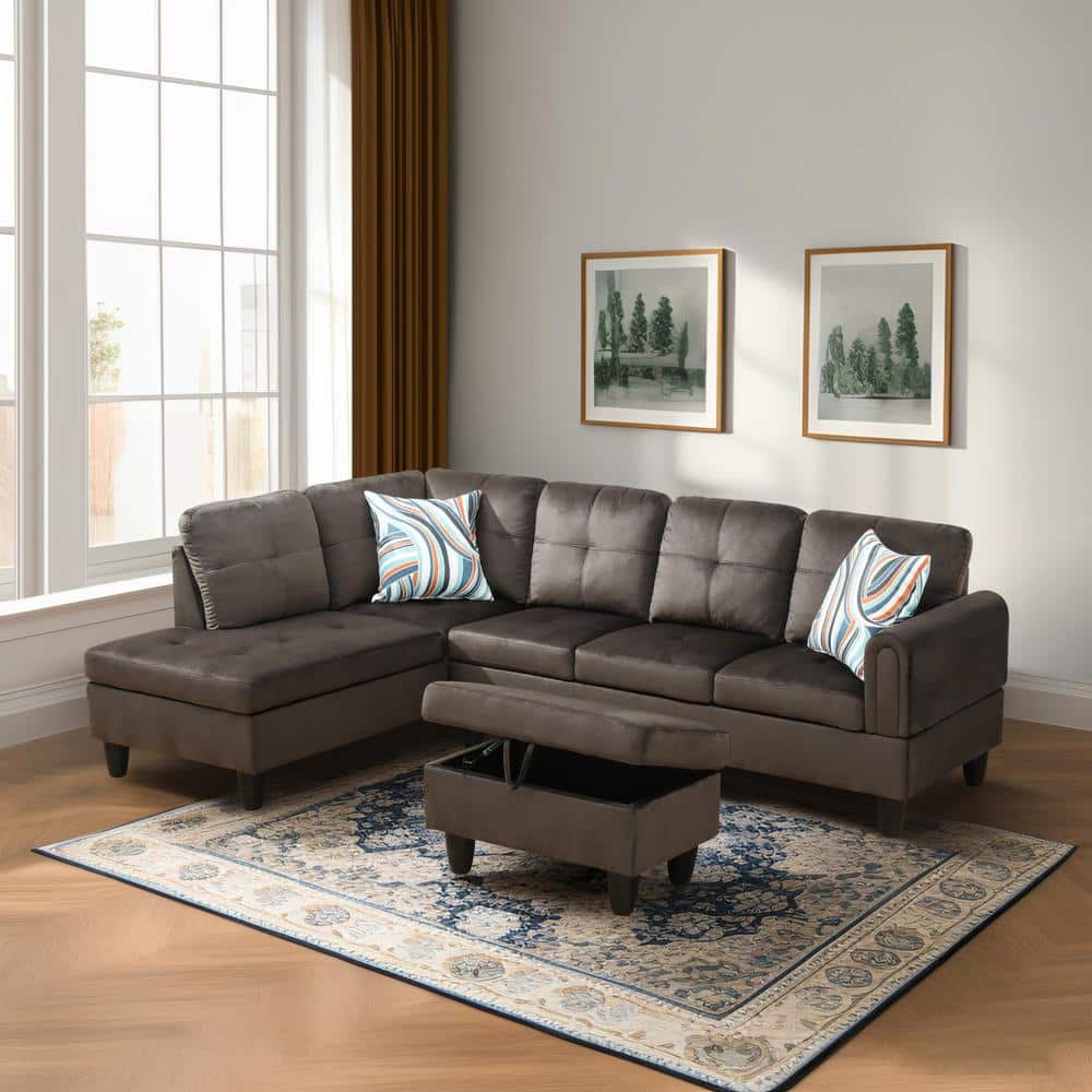 28.5 in. W Dark Brown Flannel Polyester Blend Rectangle Ottoman with Storag