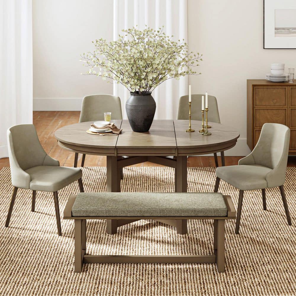 Clara 6-Piece Beige Solid Wood Frame Dining Sets with Extendable Tabletop