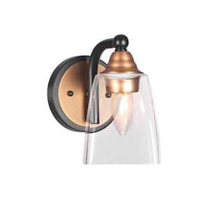 Madison 4.5 in. 1-Light Matte Black and Brass Wall Sconce with Standard Shade