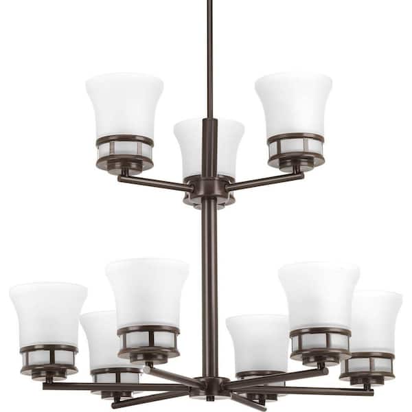 Progress Lighting Cascadia Collection 9-Light Antique Bronze Etched Glass Coastal Chandelier Light