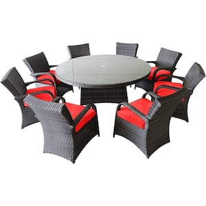 Aluminum Frame 9-Piece Wicker Outdoor Dining Set with Red Cushion and Tempered Glass Top Round Table
