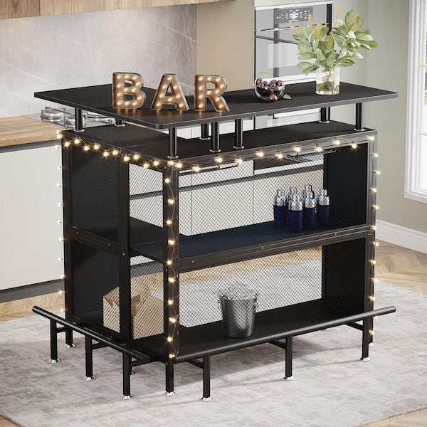 Kearsten Black 47 in. W L-Shaped Home Bar Unit, Bar Cabinets with Stemware Racks and 2-Tier Shelves, Foot rest