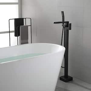Single-Handle Free Standing Floor Mount Waterfall Tub Filler Bathroom Tub Faucets with Handheld Shower in Matte Black