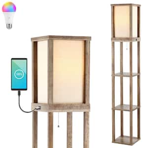 Etagere 63 .5 in. Rustic Bohemian Wooden LED 3-Shelf Floor Lamp with Pull-Chain, USB Charging Port and Smart Bulb, Brown