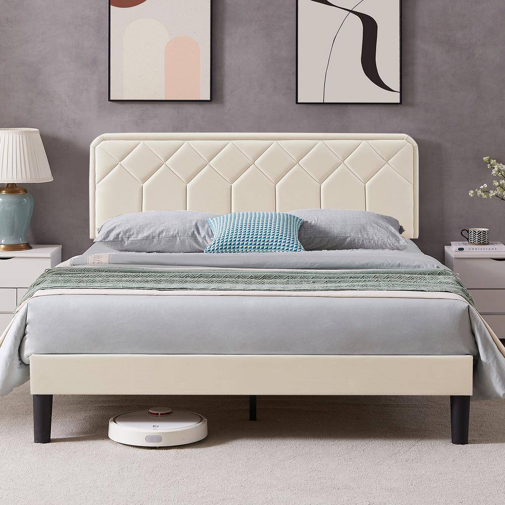 VECELO Bed Frame with Upholstered Headboard, Beige Metal Frame Queen ...