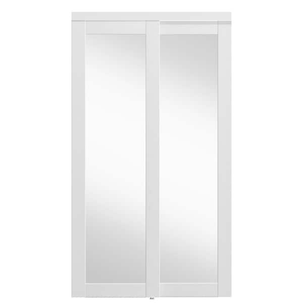 48 in. x 80 in. MDF White Double Mirrored Full Lite Glass Sliding Door with All Hardware