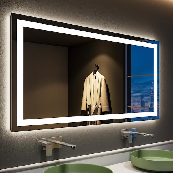 Apmir 55 in. W x 30 in. H Large Rectangular Frameless Double LED Lights Anti-Fog Wall Bathroom Vanity Mirror in Tempered Glass