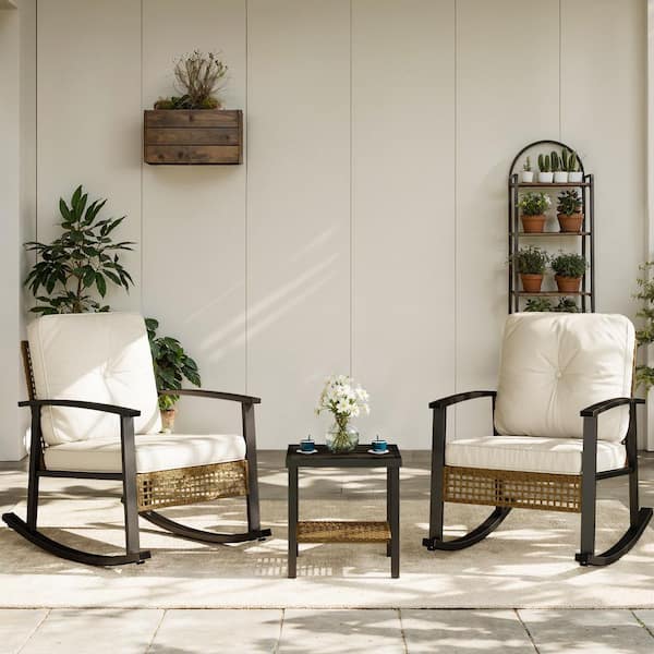 Patio Conversation Black 3-Piece Wicker Round Outdoor Dining Set with CushionGuard Beige Cushions