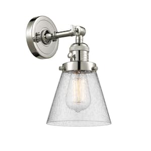 Cone 6.25 in. 1-Light Polished Nickel Wall Sconce with Seedy Glass Shade with On/Off Turn Switch