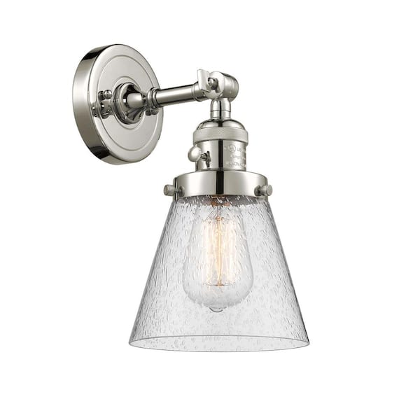 Innovations Cone 6.25 in. 1-Light Polished Nickel Wall Sconce with Seedy Glass Shade with On/Off Turn Switch