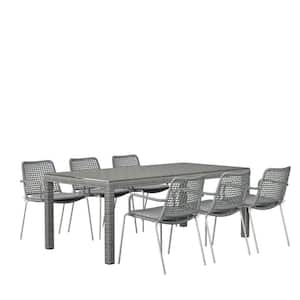 Ivy 7-Piece Wicker Rectangular Outdoor Dining Table Set, Ideal for Outdoors and Indoors, with Grey Cushions