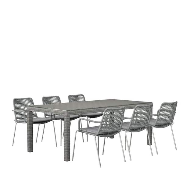 Amazonia Ivy 7-Piece Wicker Rectangular Outdoor Dining Table Set, Ideal for Outdoors and Indoors, with Grey Cushions