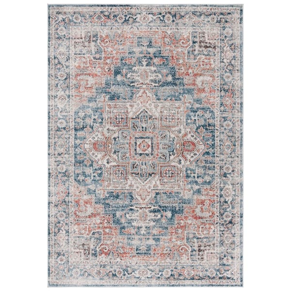 Vintage Tabriz 9 ft. x 12 ft. Blue/Rust Distressed Aztec Medallion Area Rug