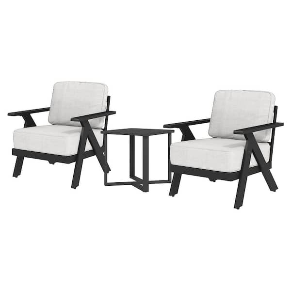 Black 3-Piece Metal Patio Conversation Set, Outdoor Lounge Chairs with Side Table and Beige Cushions