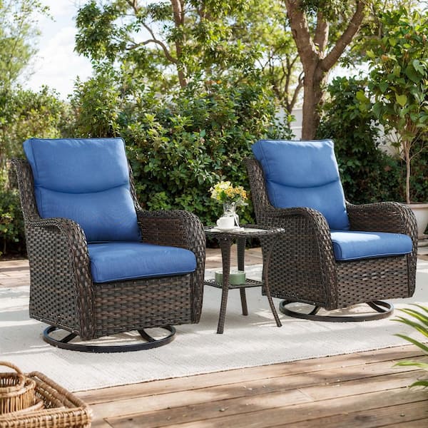 Smiley 3-Piece Outdoor Swivel Glider Brown Wicker Patio Conversation Set with Olefin 5 in. Thick Blue Cushions