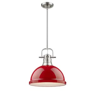 Duncan 1-Light Pewter Pendant with Rod with Red Shade