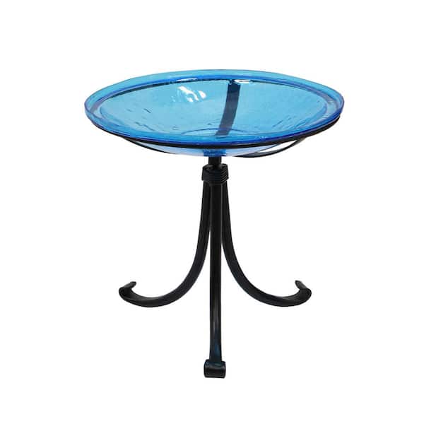 14 in. Dia. Round Teal Blue Crackle Glass Birdbath w/Black Wrought Iron Tripod Stand