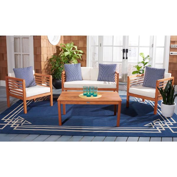 Alda Natural 4-Piece Wood Patio Conversation Set with Beige Cushions