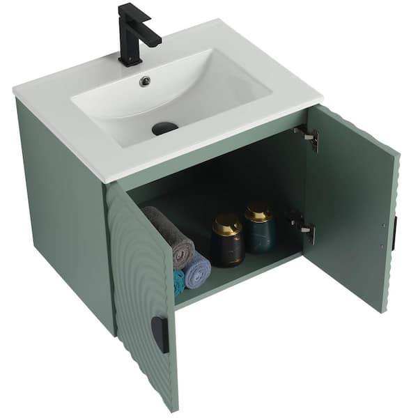 Pellabay 24 in. Floating Bath Vanity in Mint Green with White Ceramic Sink Top Assembled
