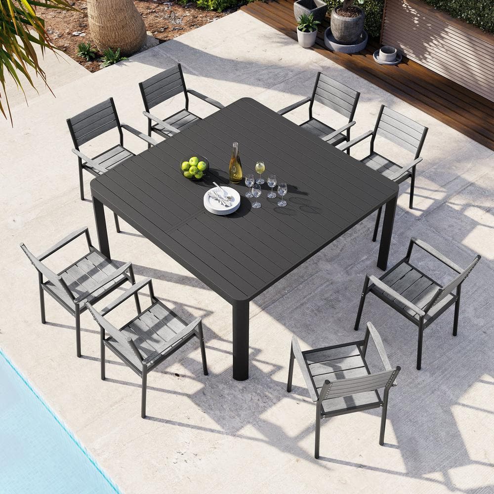 9-Piece Metal Outdoor Dining Set Rectangular Extendable Dining Table and 8-Dining Armchairs with Wood-Plastic Backrest