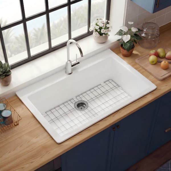 30 in Drop in Kitchen Sink Topmount Single Bowl White Fireclay Kitchen Sink 1 Faucet Hole with Bottom Grid and Strainer