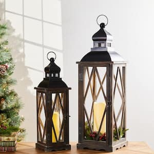 Farmhouse Wooden Lantern with Diamond Window Frame in Black (Set of 2)