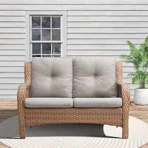 Yellow PE Wicker Outdoor Loveseat with Beige Cushions and Curved Armrests