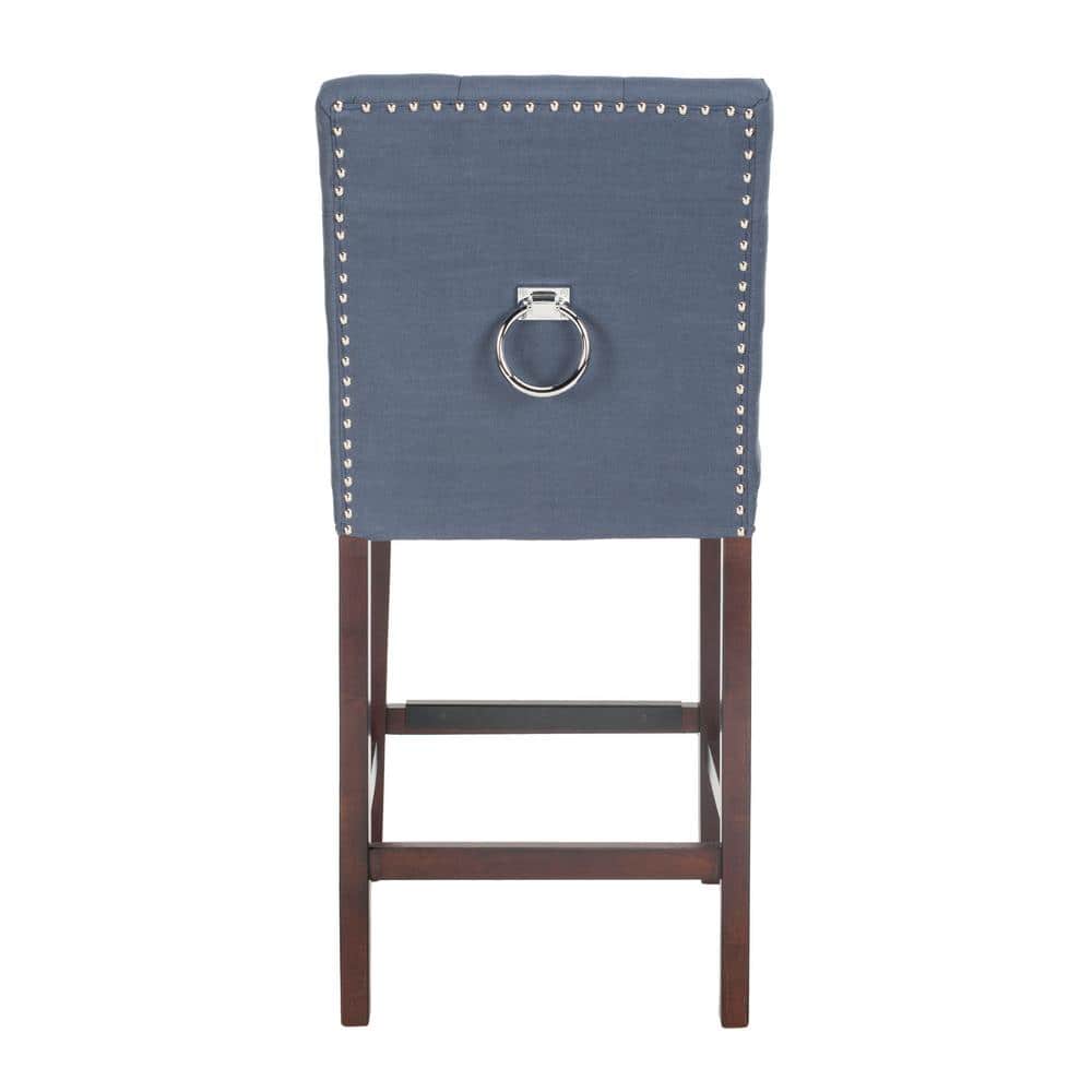 Navy Blue Tufted Linen Transitional Counter Stool, Set of 2